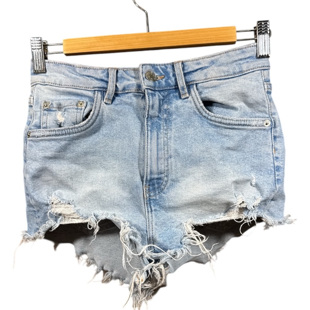 Zara Light Wash High Waisted Distressed Denim Jean Shorts